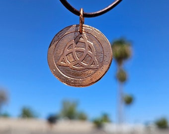 Triquetra Copper Etched Pendant/ Trinity Knot Necklace/ Leather Cord/ Celtic Jewelry/ Rustic Copper Jewelry/ Elven Soul