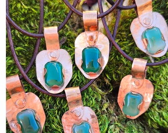 Green Agate Copper Shield Pendant Necklace/ Brown Leather Cord/ Crystal and Stone Jewelry/ Hammered Copper/Medieval Jewelry/ Elven Soul