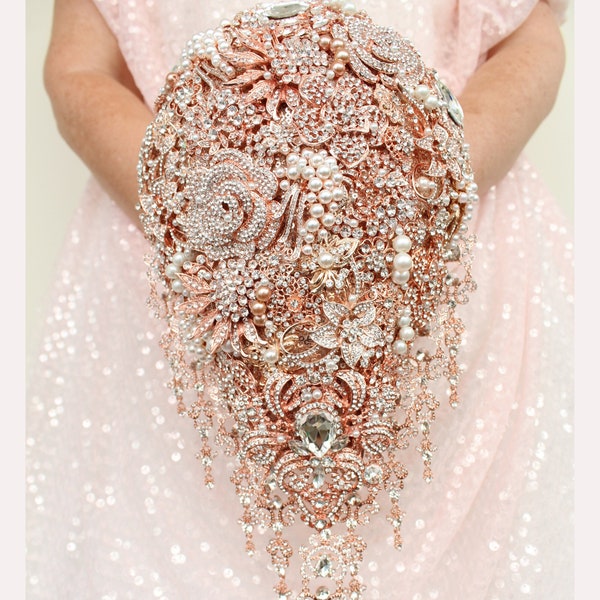 Rose Gold cascade brooch bouquet. Full jeweeled luxurious wedding bouquet. Alternative bridal flowers.
