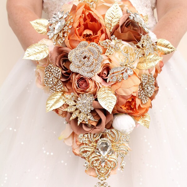 Ramo de broche de oro Boho, ramo de boda naranja quemado, ramo de novia de terracota, ramo de óxido, ramo de boda de otoño de Weddiology