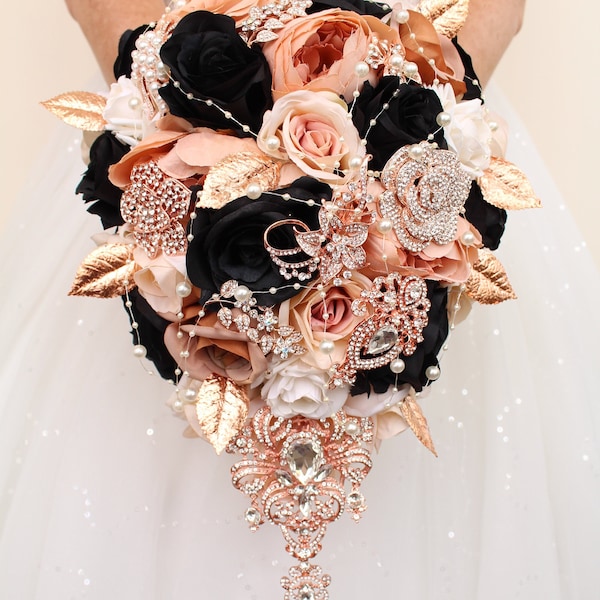 Black Cascade wedding bouquet, Rose gold champagne wedding bouquet, Faux flowers Cascading bridal bouquet by Weddiology