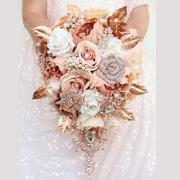 Rose gold bridal bouquet. Champagne wedding bouquet. Cascade brooch bouquet. Burnt blush bouquet