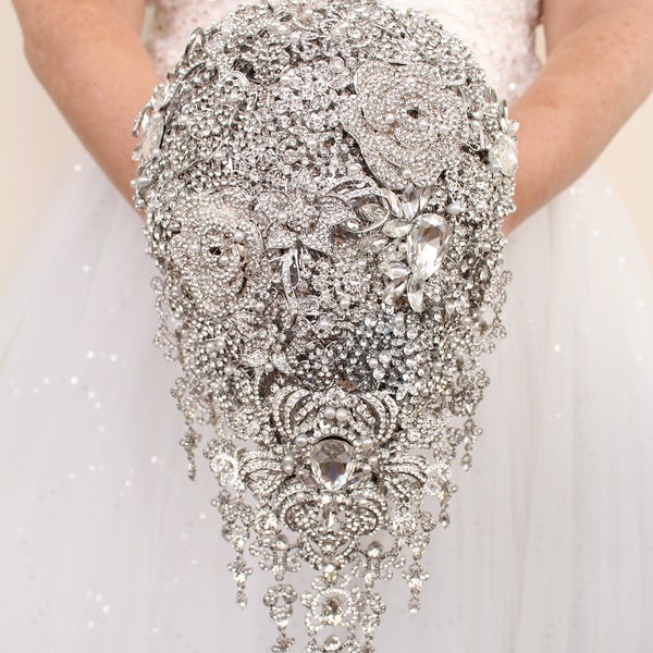 Silver brooch bouquet. Jewled cascade bridal bouquet. Alternative wedding bouquet