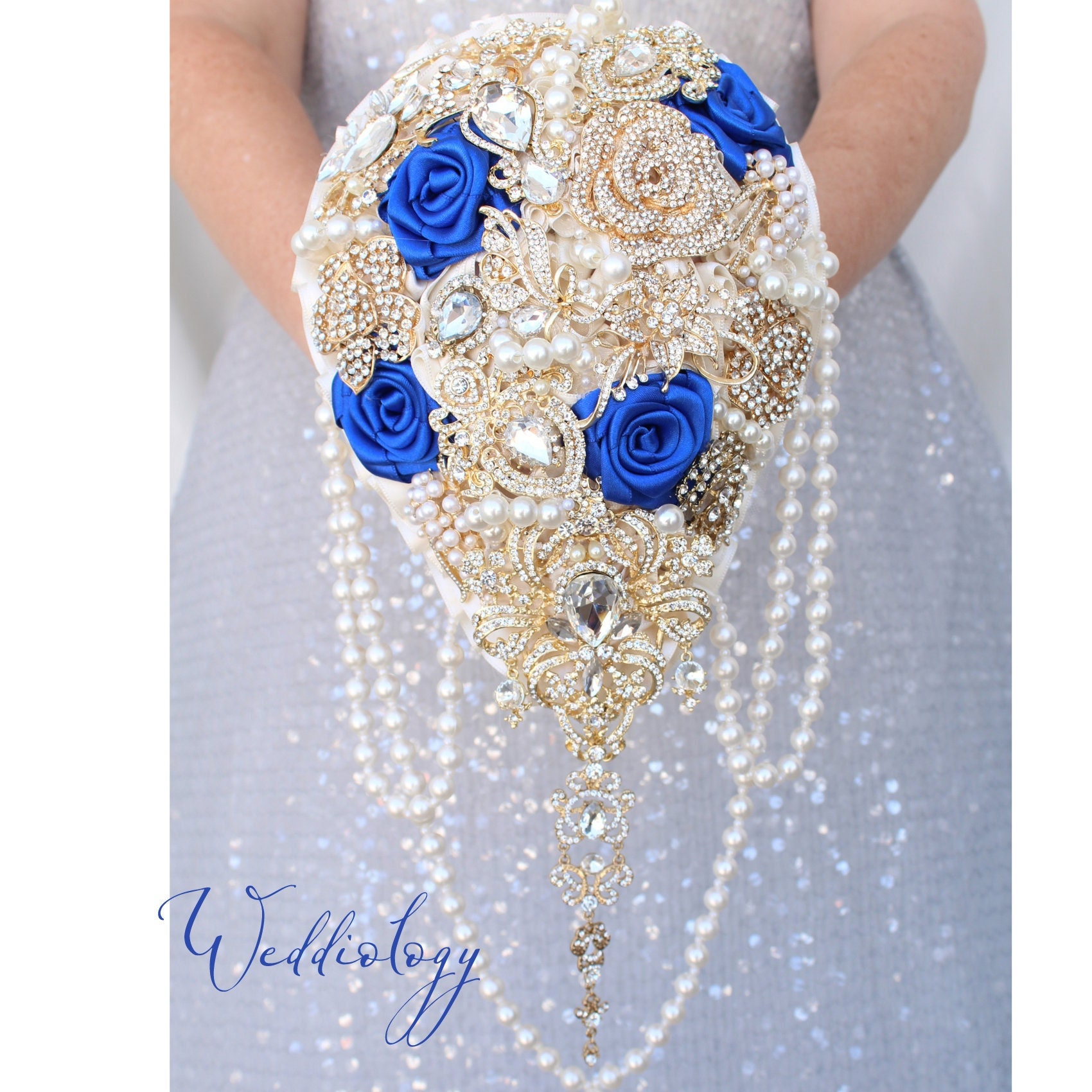 Royal Blue Wedding Bouquet. Brooch Bouquet. Cascading Gold Jeweled