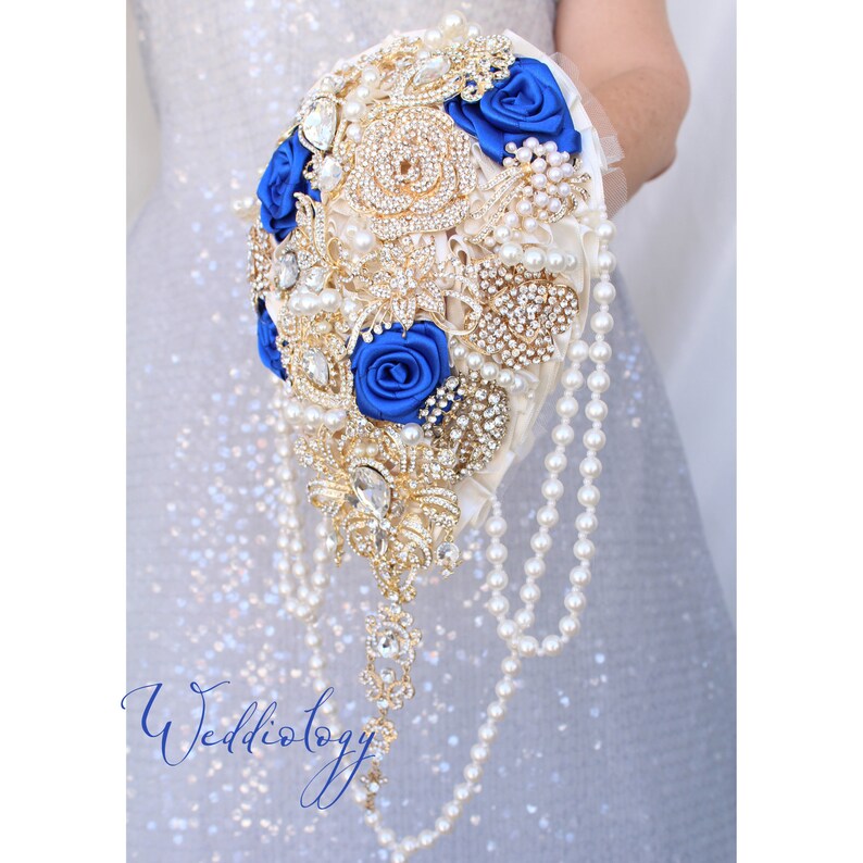 Royal Blue Wedding Bouquet. Brooch Bouquet. Cascading Gold Jeweled