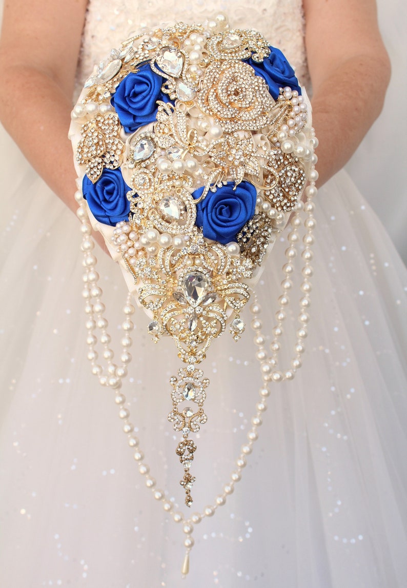 Royal Blue Wedding Bouquet. Brooch Bouquet. Cascading Gold Jeweled