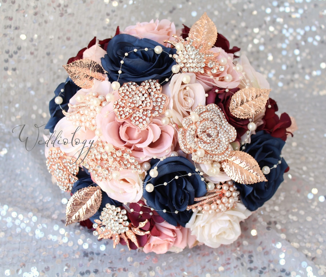 Navy blue burgundy wedding bouquet. Rose gold bridal bouquet. image 1