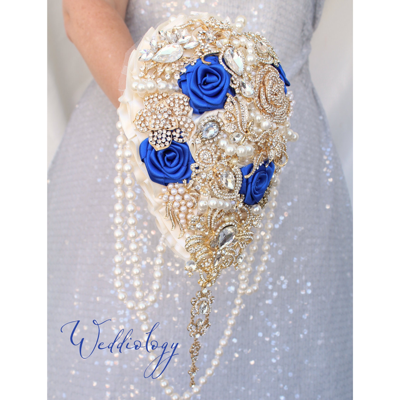 Royal Blue Wedding Bouquet. Brooch Bouquet. Cascading Gold Jeweled