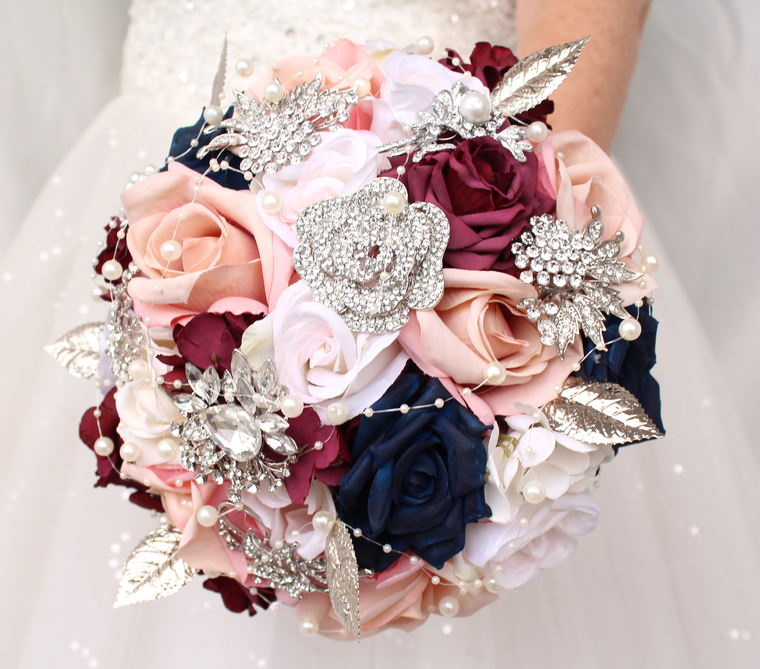 Silver Navy Blue Gold Theme Bridal Wedding Bouquet Accessories 