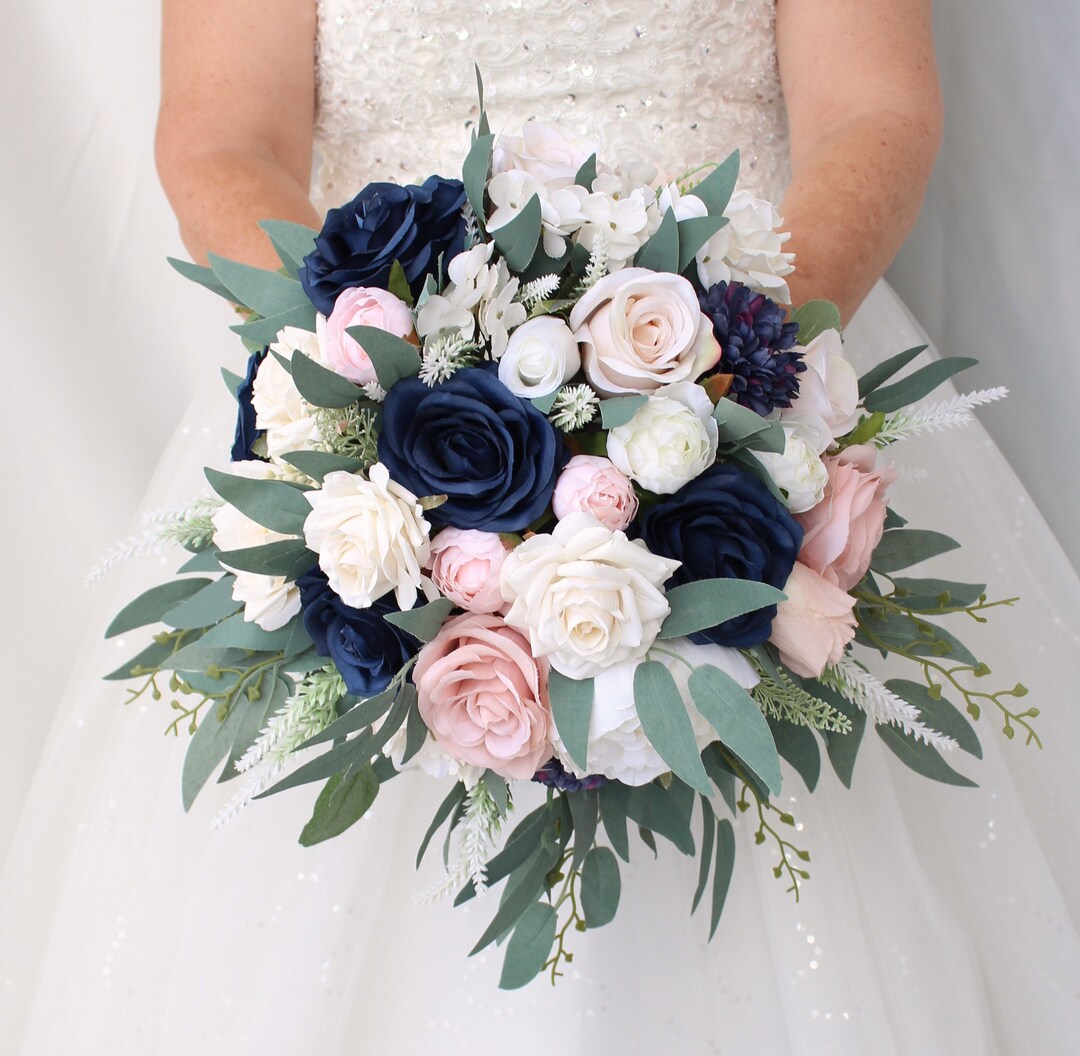 Bridal Bouquet, Navy Blue Wedding Bouquet, Blush Pink Bouquet, Dusty Rose Bouquet, Greenary