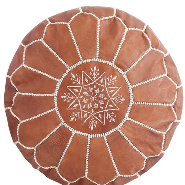 Pouf marocain en cuir véritable • Pouf Ottoman marocain • Pouf vintage • Pouf marron clair et broderies beige