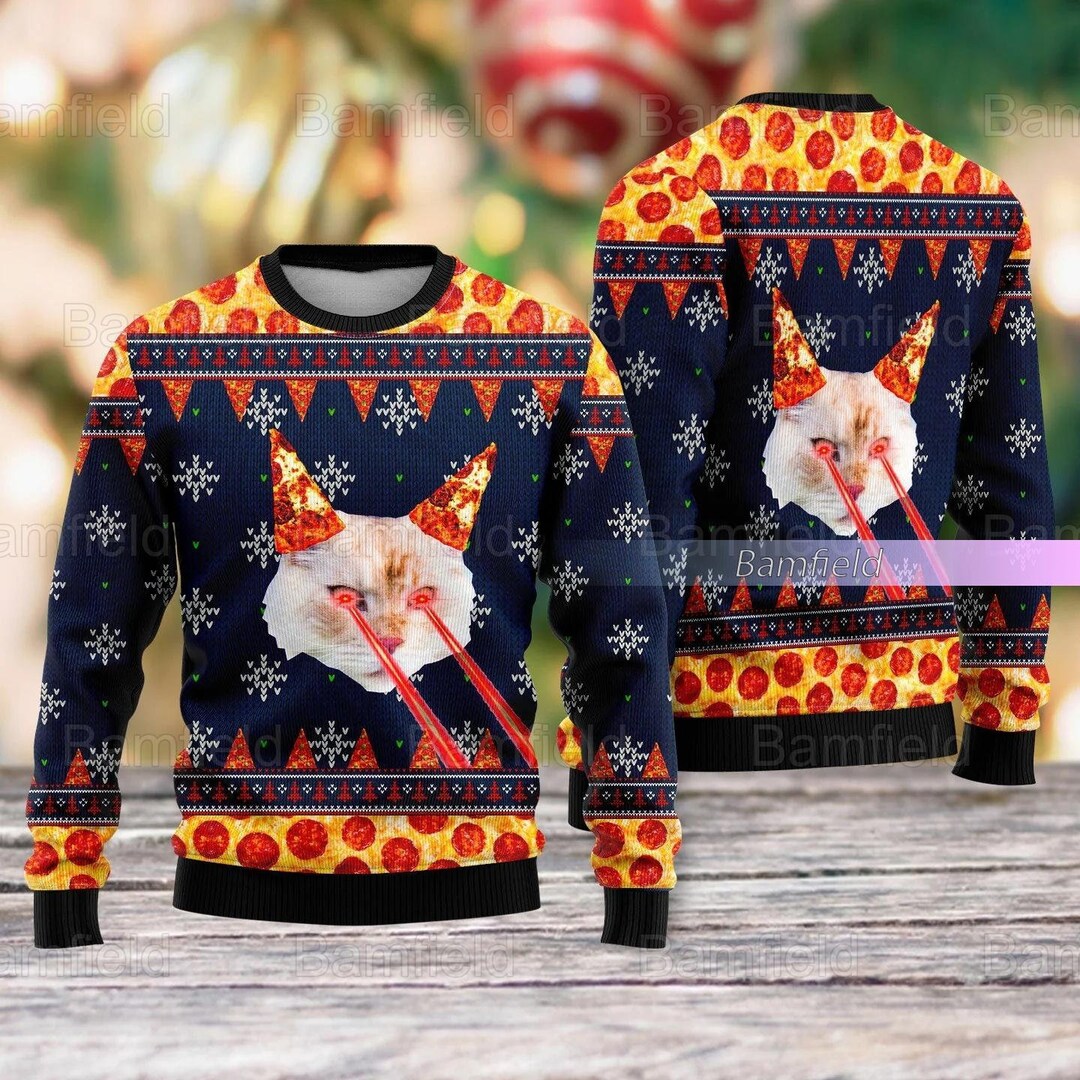 Christmas Pizza Cat With Laser Eyes Ugly Christmas Sweater Etsy
