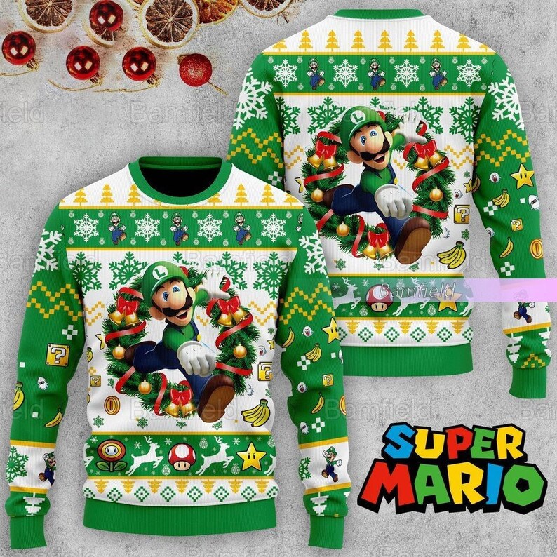 Christmas Super Mario Luigi Ugly Sweater Luigi Ugly Christmas Etsy