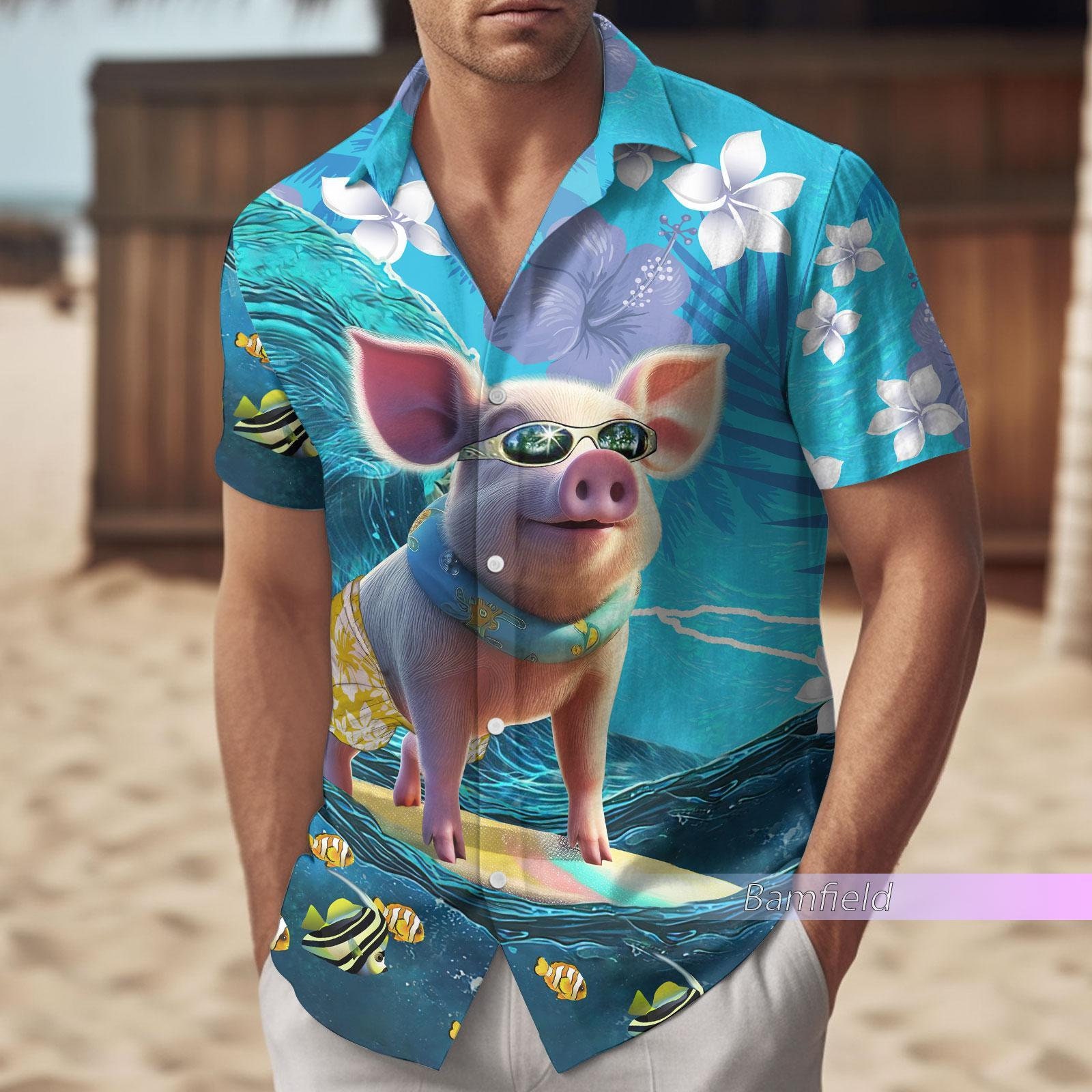 Pig Tropical Coconut Trees Hawaiian Shirt Pink Pig Hawaiian Shirt Animal  Lover Shirt Pig Lover Shirt - Banantees