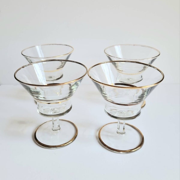 Set of 4 Vintage low stem Martini, dessert glasses with gold trims