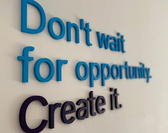 Fully customized letter signs. Indoor 3D corporeal letters from 3 cm to 8 cm high. Indoor 3D words in any font and color. 1 cm thick.