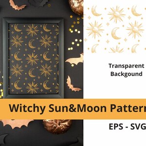 Può includere: Stampa con cornice nera con un motivo di sole e luna dorati su sfondo scuro. Le parole "Witchy Sun & Moon Pattern" sono su uno striscione arancione. Pipistrelli decorativi e coriandoli dorati circondano la cornice.