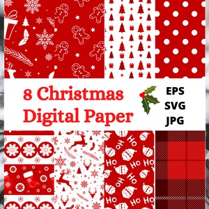 Può includere: Una collezione di otto design di carta digitale a tema natalizio. I motivi includono omini di pan di zenzero, alberi di Natale, pois, fiocchi di neve, renne, facce di Babbo Natale e plaid. L'immagine include anche il testo "8 Christmas Digital Paper" e indicatori di tipo di file: EPS, SVG e JPG.
