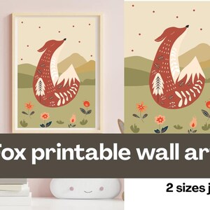 Arte mural imprimible de zorro - Ilustración de animales del bosque - Descarga digital A4 - Decoración infantil - Estilo arte popular - Descarga digital en 2 tamaños