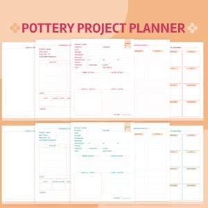 Puede incluir: Un planificador de proyectos de cerámica con un fondo melocotón. El planificador incluye secciones para detalles del proyecto, gastos y un calendario. El texto "Pottery Project Planner" está en la parte superior en melocotón.