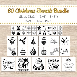 Puede incluir: Un conjunto de 60 plantillas navideñas de varios tamaños, incluyendo 7,6 cm x 7,6 cm, 15,2 cm x 15,2 cm y 20,3 cm x 20,3 cm. Las plantillas presentan diseños festivos como copos de nieve, Papá Noel y frases navideñas. Disponibles en formatos SVG, PNG y PDF.