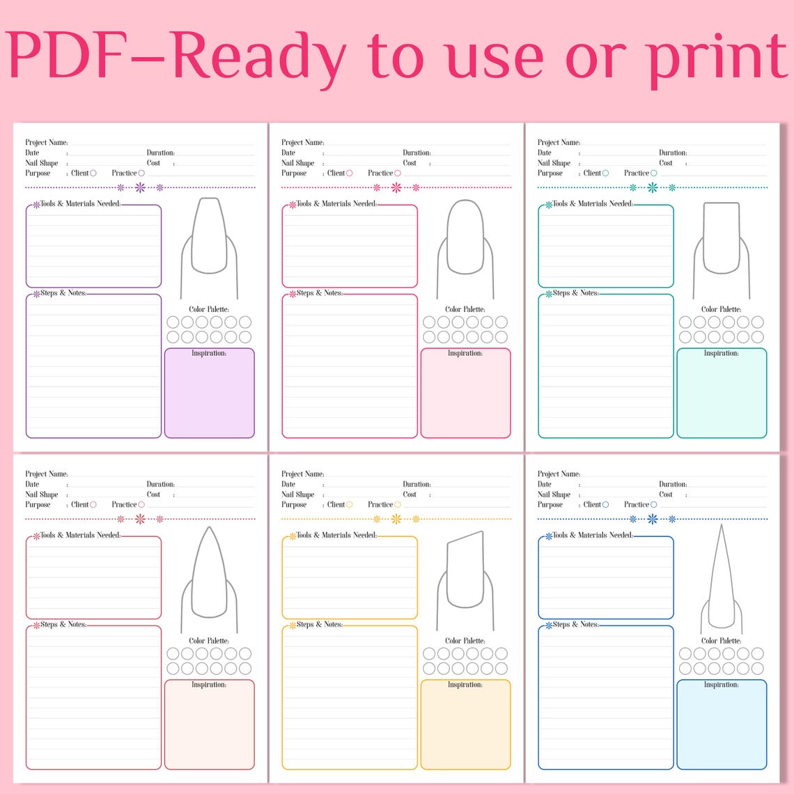 Nail Art Planner & Practice Sheet 6 Different Nail Shapes Printable