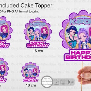 May include: Cake toppers with a K-Pop theme, featuring illustrations of anime-style characters. The toppers are purple and white, with the text "K-POP" and "HAPPY BIRTHDAY." Sizes include 10 cm, 12 cm, 16 cm, and 20 cm.
