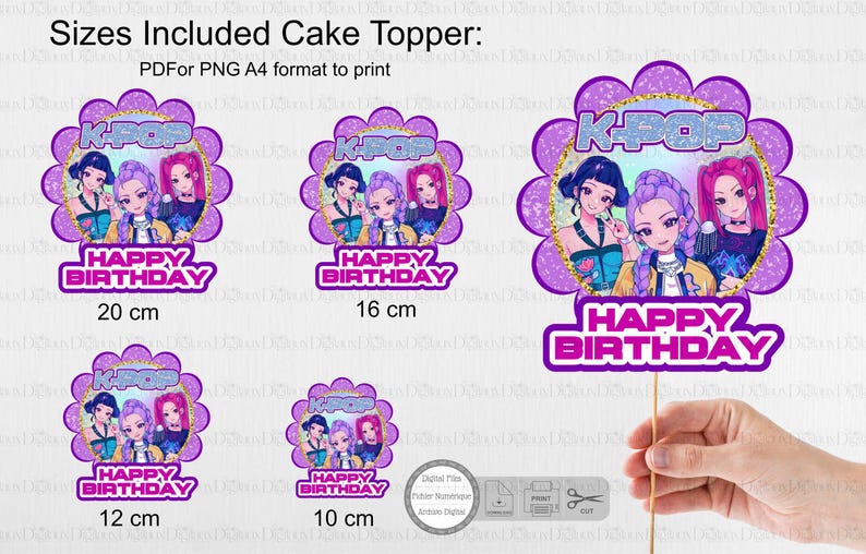 May include: Cake toppers with a K-Pop theme, featuring illustrations of anime-style characters. The toppers are purple and white, with the text "K-POP" and "HAPPY BIRTHDAY." Sizes include 10 cm, 12 cm, 16 cm, and 20 cm.