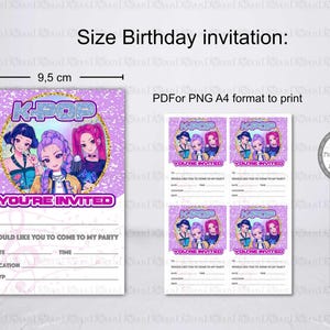 May include: K-Pop themed birthday invitation, measuring 3.7 inches wide and 5.5 inches tall. The design features three cartoon girls, the text "K-Pop" and "You're Invited". Includes space to write party details.