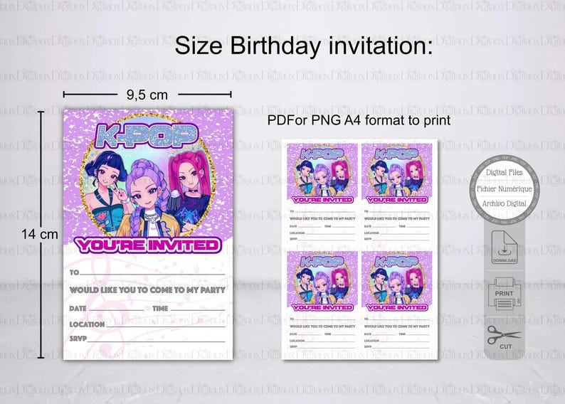 May include: K-Pop themed birthday invitation, measuring 3.7 inches wide and 5.5 inches tall. The design features three cartoon girls, the text "K-Pop" and "You're Invited". Includes space to write party details.