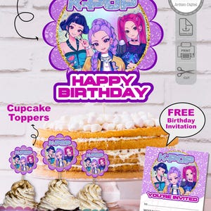 KPOP Demon Hunters Anniversary Digital Kit. Cake Topper + Cupcake Toppers + Invitation