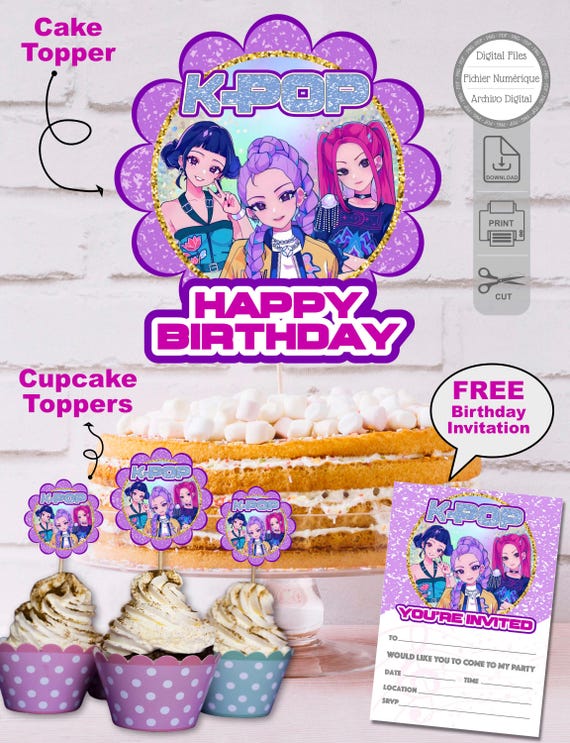 Kit Digital KPOP Demon Hunters Anniversaire. Cake Topper + Cupcake Toppers + Invitation