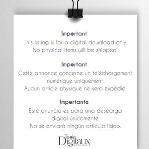 May include: White paper with text in English, French, and Spanish, held by a black binder clip. The text states the listing is for a digital download only, with no physical items shipped. The logo for Todo Digitaux is at the bottom.