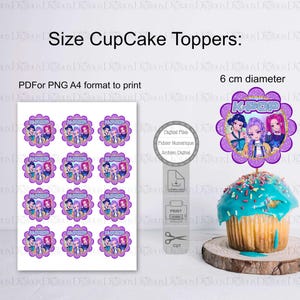 May include: A sheet of printable cupcake toppers with a K-Pop theme. Each topper is a scalloped circle with a cartoon image of three girls. The toppers are 6 cm in diameter. The text "Size CupCake Toppers" is at the top.