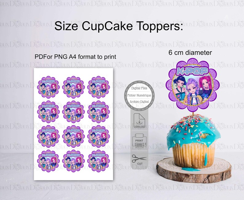 May include: A sheet of printable cupcake toppers with a K-Pop theme. Each topper is a scalloped circle with a cartoon image of three girls. The toppers are 6 cm in diameter. The text "Size CupCake Toppers" is at the top.