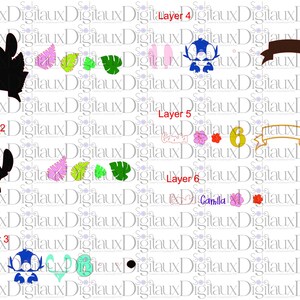 May include: A collection of layered cut-out designs featuring a cartoon character, tropical leaves, flowers, and banners. The designs include a silhouette, a blue character, and the number 6. The name "Camilla" is also present.