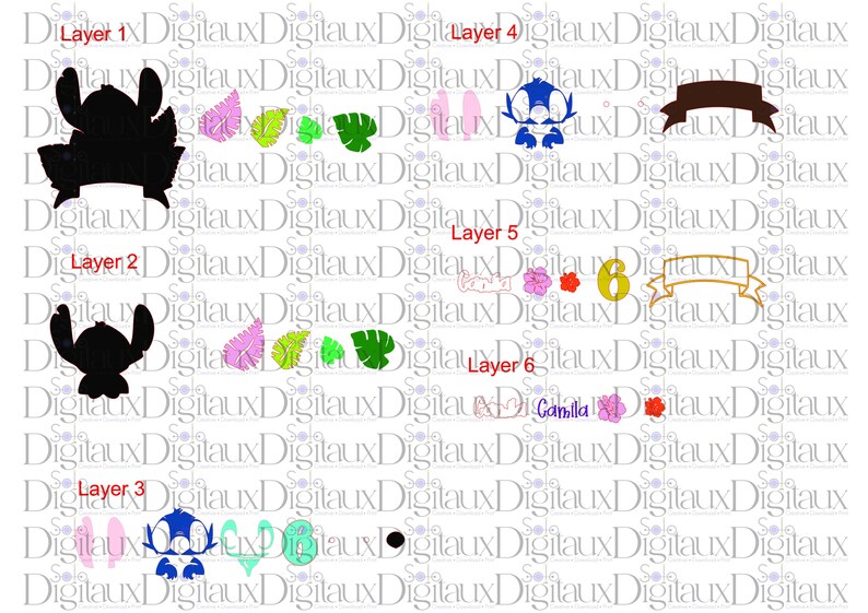 May include: A collection of layered cut-out designs featuring a cartoon character, tropical leaves, flowers, and banners. The designs include a silhouette, a blue character, and the number 6. The name "Camilla" is also present.