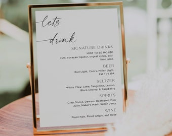Menu minimalista per bar di nozze / Menu di nozze moderno / Modello di scheda menu cocktail di nozze / Modello modificabile / 5x7"
