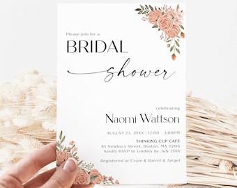 Editable Bridal Shower Invitation Template | Peach Rose Floral Bridal Shower Invite | 100% Fully Customizable Template | W1