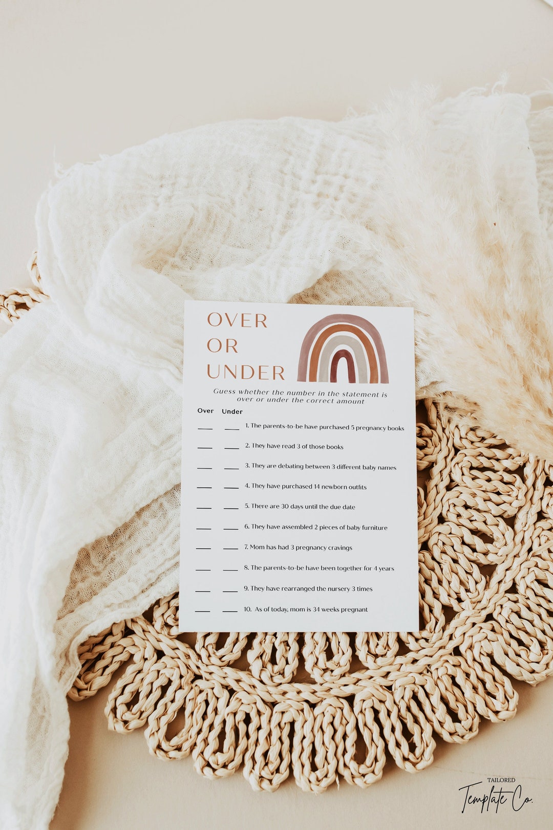 Over or Under Game Template for Baby Showers | Boho Rainbow Baby Shower ...