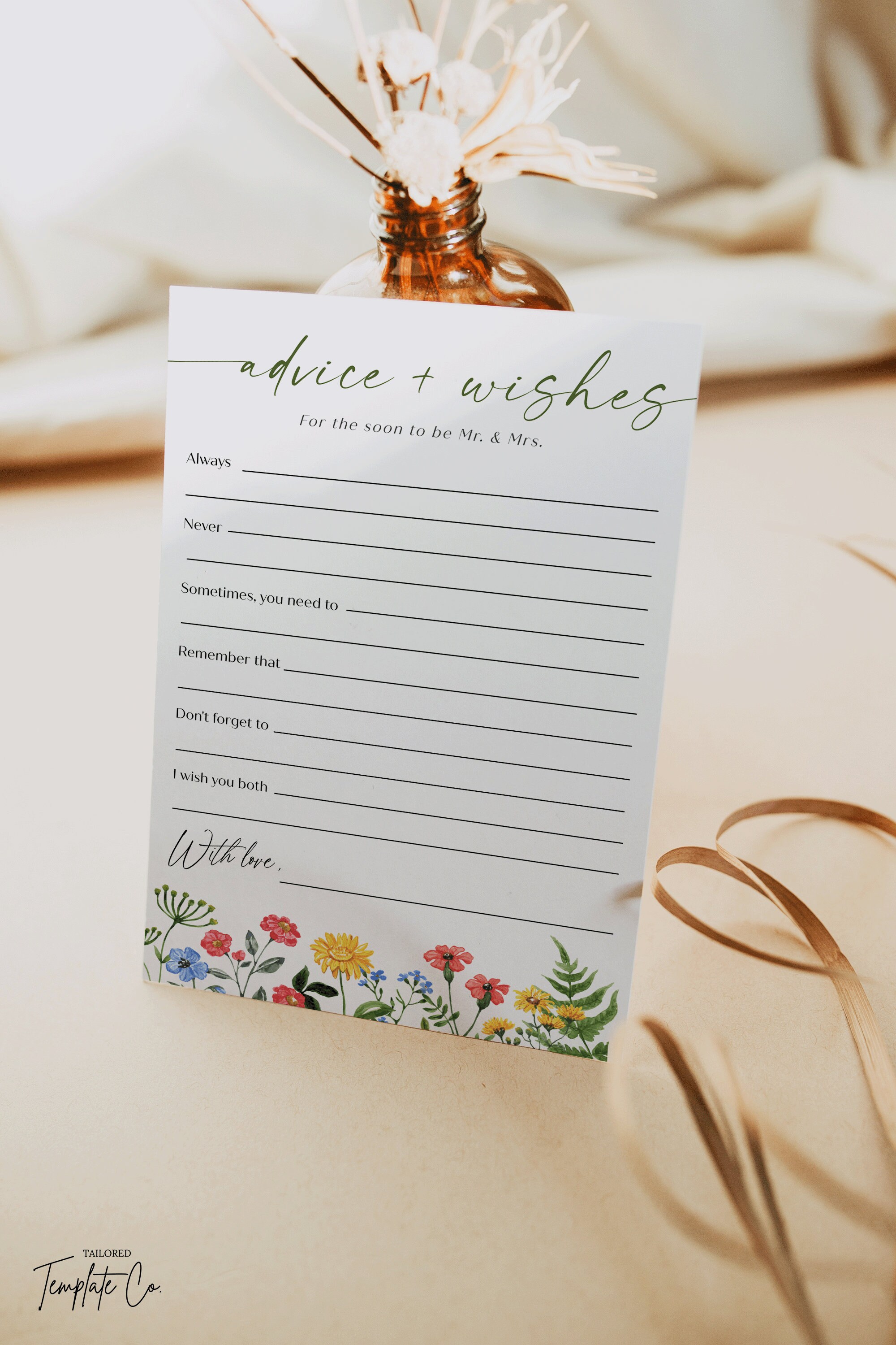Advice and Wishes Template for Bridal Showers Wildflower Bridal Shower ...
