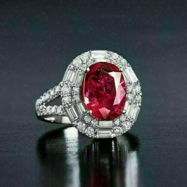 Edelsteen ring, 1,5 CT ovale Ruby ring, 14K witgouden ring, verjaardag belofte ring, ring voor vrouwen, Halo verlovingsring, cadeau voor moeder