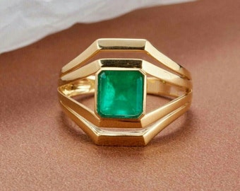 Men's Emerald Ring, Men's Anniversary Ring, 1.8Ct Emerald Ring, 14K Yellow Gold Plated Ring, Men's Engagement Promise Ring, Gift For Father