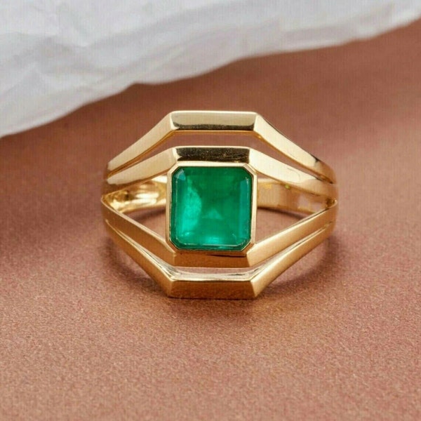 Men's Emerald Ring, Men's Anniversary Ring, 1.8Ct Emerald Ring, 14K Yellow Gold Plated Ring, Men's Engagement Promise Ring, Gift For Father