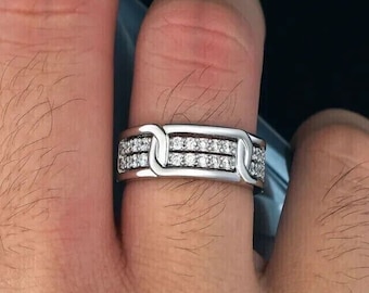 Men's Anniversary Ring, Cube link Men's Ring, Wedding Gift Ring, Solitaire Diamond Ring, Gift For Husband, Gold Men's Ring, 14K White Gold