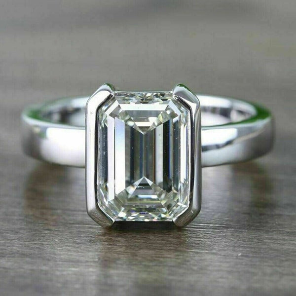 2CT Emerald Cut Diamond Ring, 14K White Gold, Simple Solitaire Ring, Wedding Proposal Ring, Half Bezel Set Ring, Anniversary Gift For Women