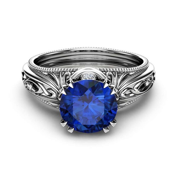 Saphir Diamant Ring, Jubiläumsring, 2,5 Karat Runder Saphirring, 14K Weißgoldring, Verlobungsring, Silberschmuck, Geschenk für Mutter