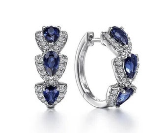 Engagement Promise Earrings, 14K White Gold Earrings, 2.84Ct Sapphire Earrings, Huggie Diamond Earrings, Gift For Mother, Wedding Earrings