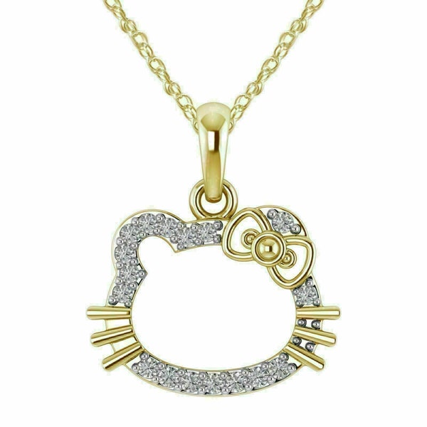 Cute Cat Pendant, 1.2Ct Diamond Necklace, 14K Yellow Gold Plated, Gift For Women's, Gift For Pet Lover, Pendant Without Chain, Girl Necklace