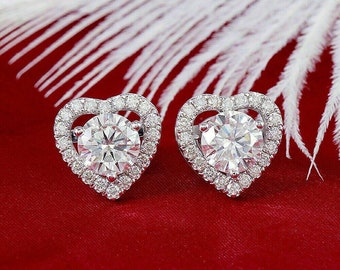 Heart & Round Earrings, Wedding Halo Diamond Earrings, Gift For Girl, Dainty Stud Earrings, 14K White Gold Earrings, 2.4Ct Diamond Earrings